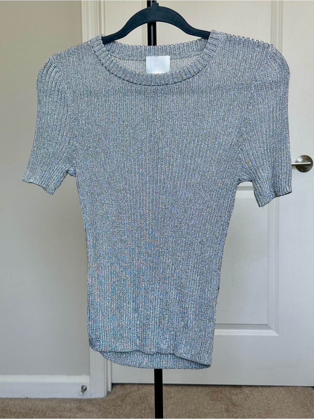 H&M Silver Metallic Ribbed Short Sleeve Top
